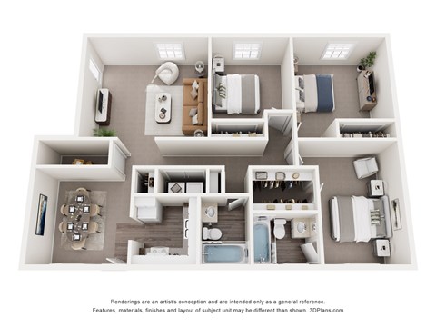 A 3D floor plan of a house with multiple rooms and furniture.